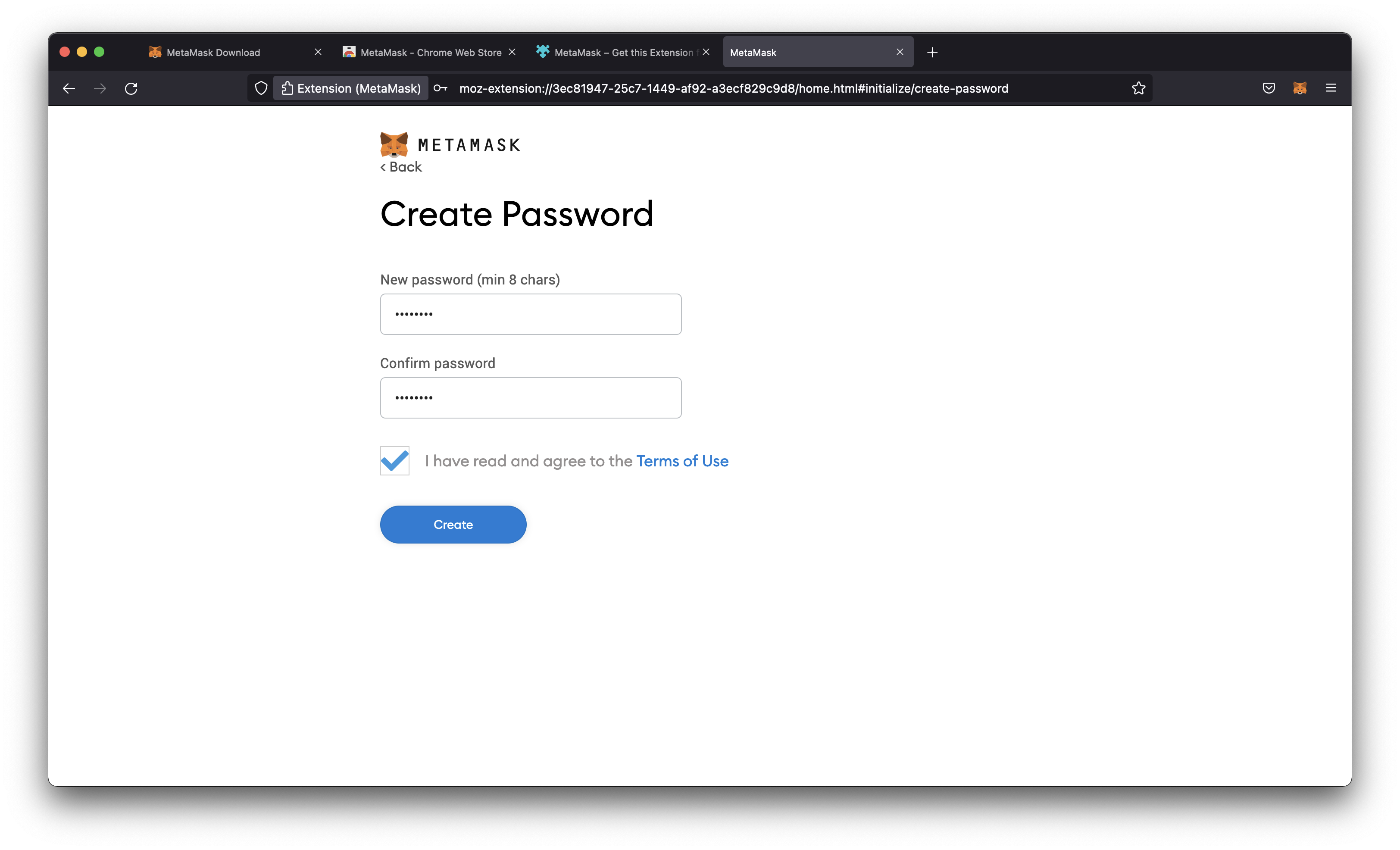 Create metamask wallet password